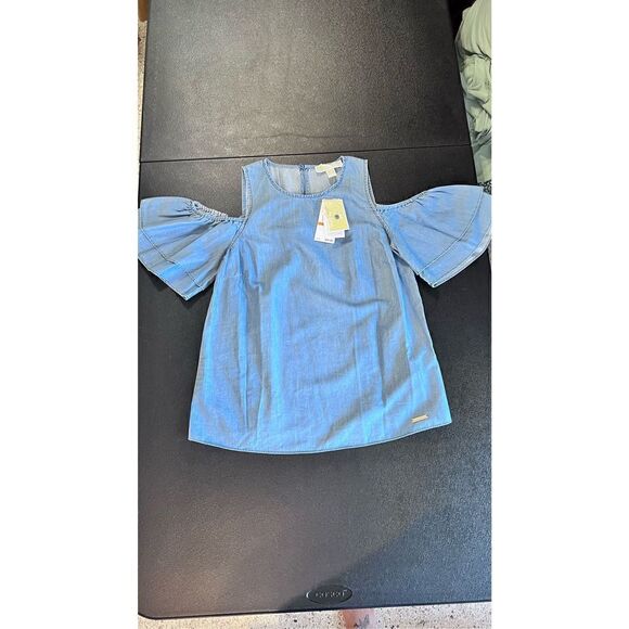 Michael Kors Women's Keyhole Back Short Sleeve Top Blue Sz Petites P/S NWT P1-87 - Picture 2 of 9